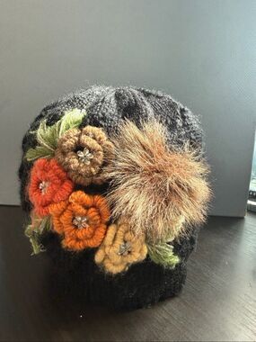 Black Floral Embellished Knit Beanie with Faux Fur Pom